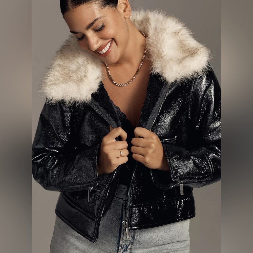 NWT Unreal Fur Wet Look Faux Patent Leather Aviator Jacket - Picture 4 of 7